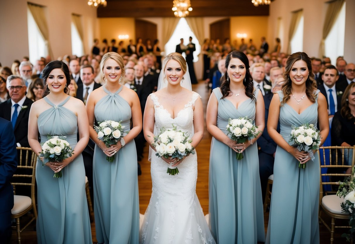 A group of bridesmaids standing in a line, each holding a bouquet, surrounded by a crowd of 200 guests seated in a ceremony setting