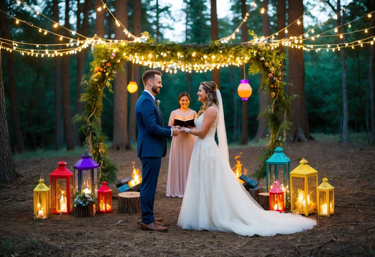 A couple exchanging vows in a forest clearing, surrounded by twinkling fairy lights and colorful lanterns, with a celestial-themed altar and a bonfire