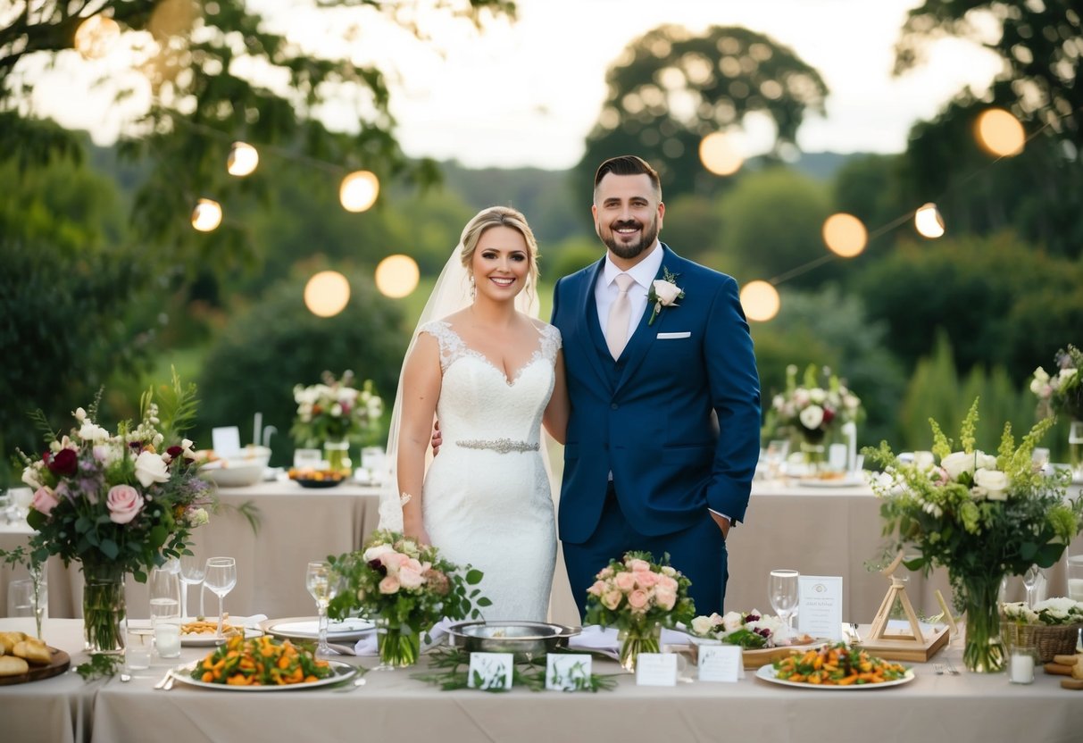 A bride and groom standing in front of a table covered in various wedding items such as flowers, decorations, and catering options