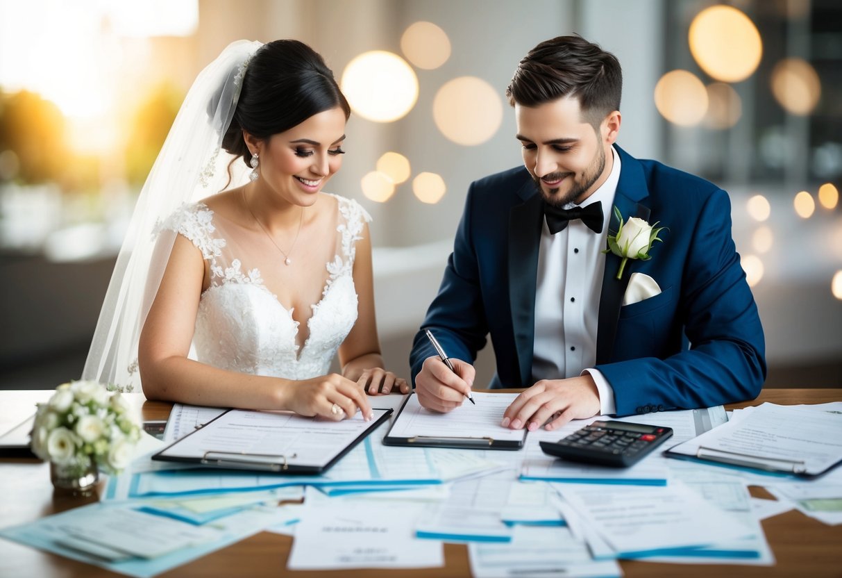 A bride and groom sit at a table covered in spreadsheets and receipts, calculating their wedding expenses. A calculator and pen are positioned nearby