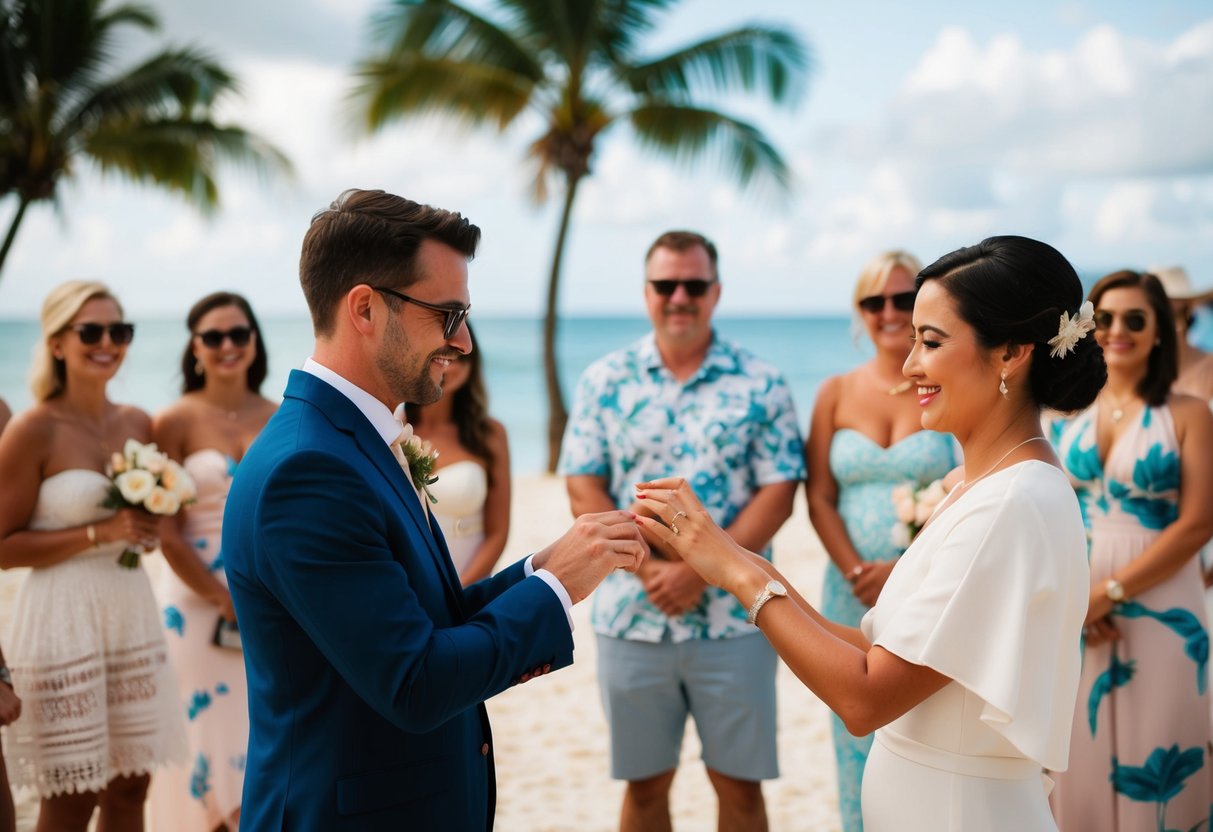 A couple exchanging rings on a tropical beach as guests look on