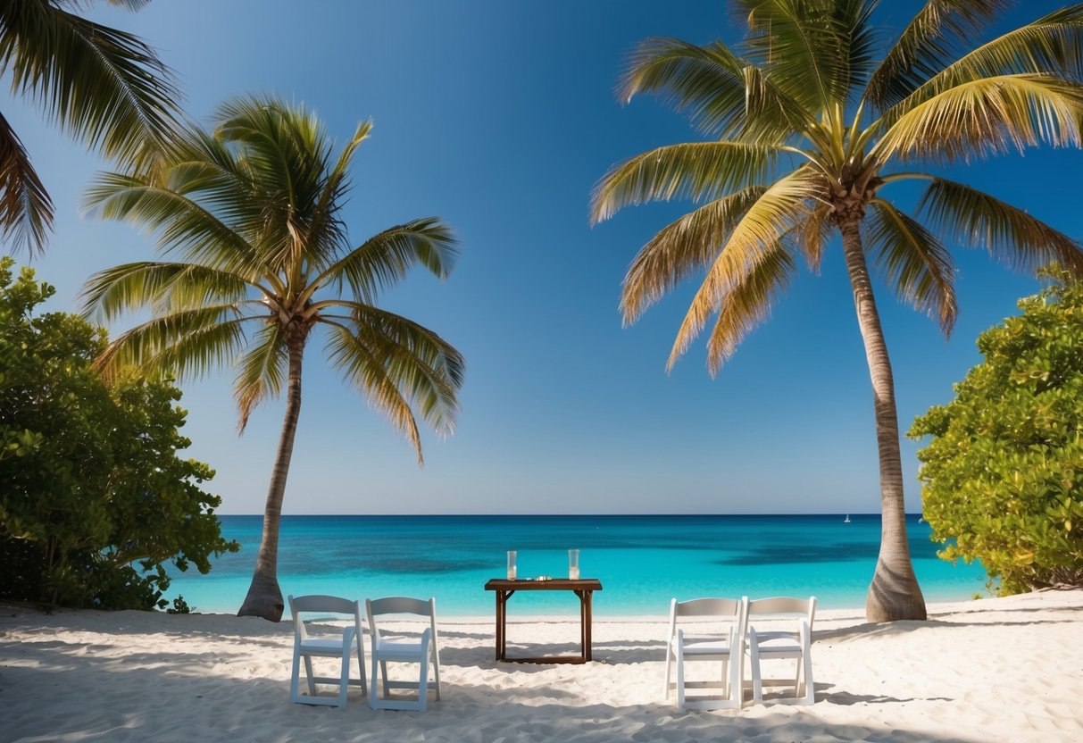 A serene, secluded beach with a simple wooden altar and white chairs set up in the sand, surrounded by lush palm trees and crystal-clear blue water