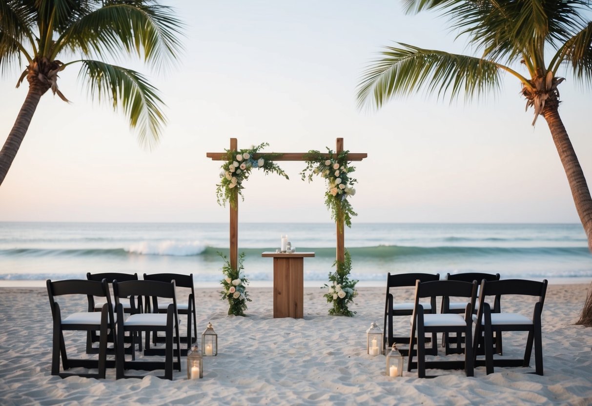 A serene beach with a simple wooden altar, surrounded by palm trees and the sound of gentle waves