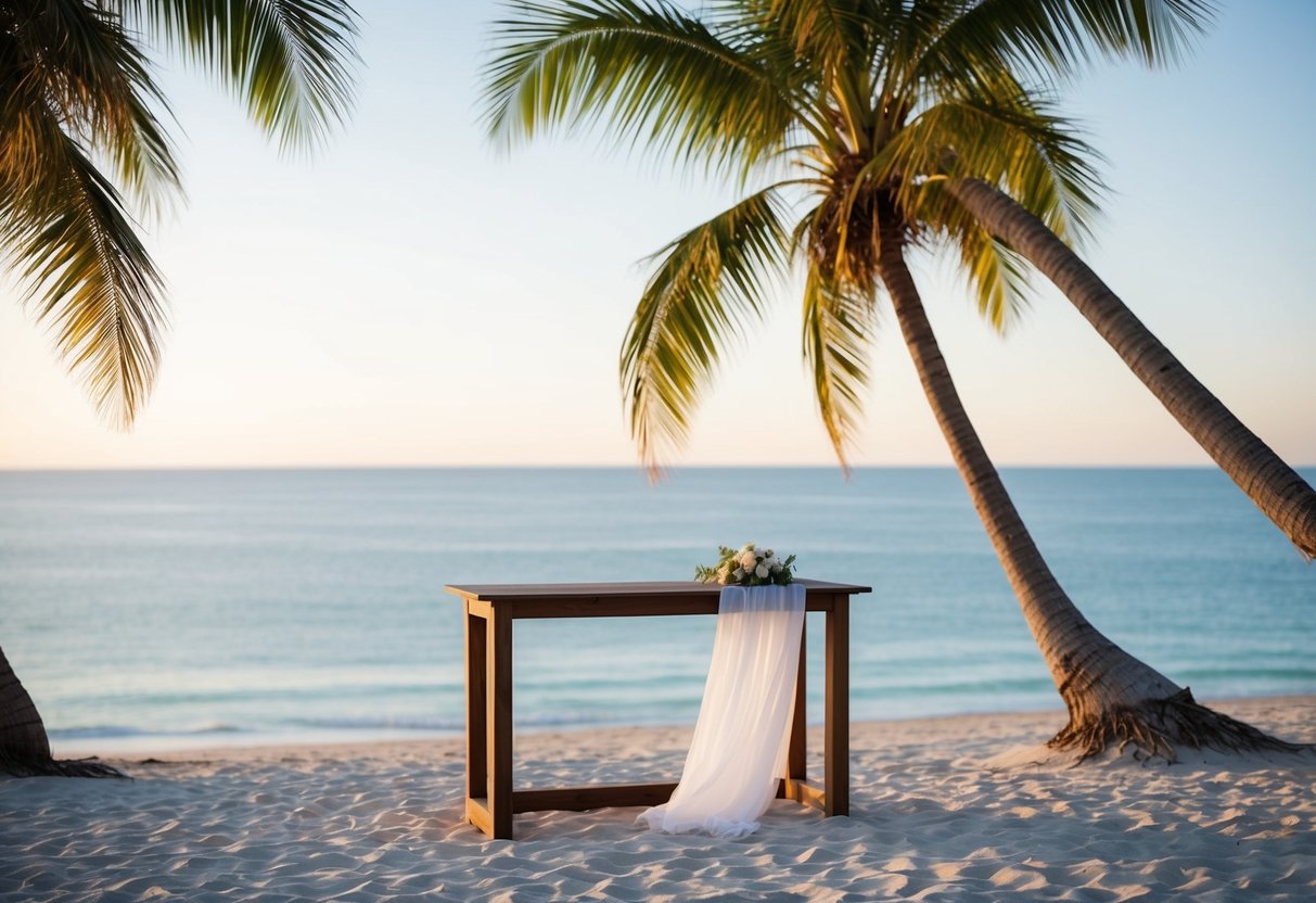 A serene beach with a simple wooden altar, surrounded by palm trees and overlooking the ocean. A gentle breeze ruffles the white fabric draping the altar