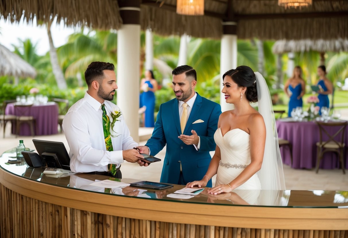 A bride and groom stand at a tropical resort's reception desk, discussing payment for their destination wedding with a staff member. Tables are being set up in the background for the upcoming festivities