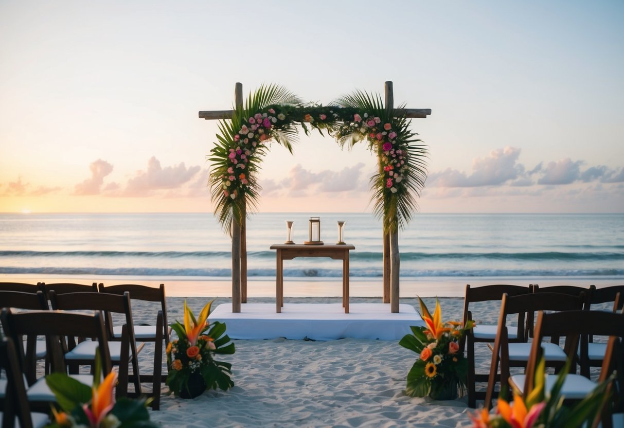 A serene beach at sunset with a simple wooden altar overlooking the ocean, surrounded by tropical flowers and greenery