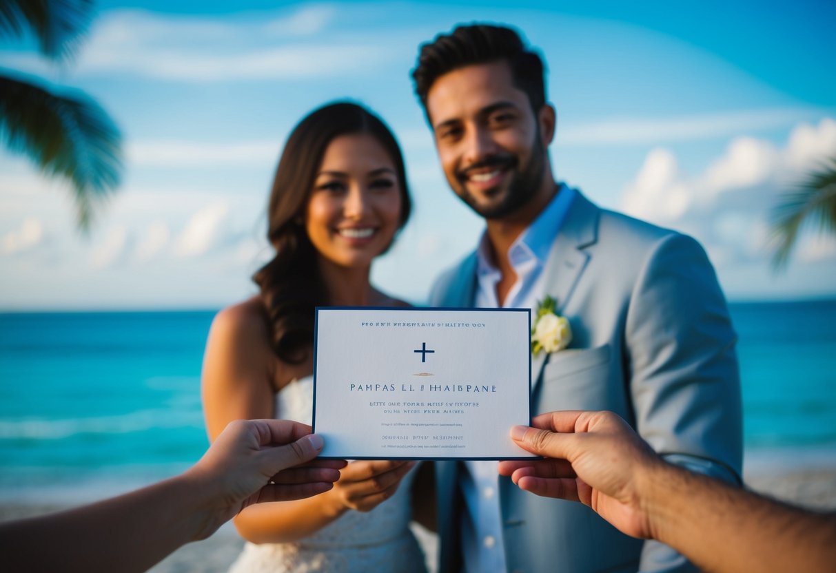A couple receives a wedding invitation with a "+1" option and a tropical beach setting in the background