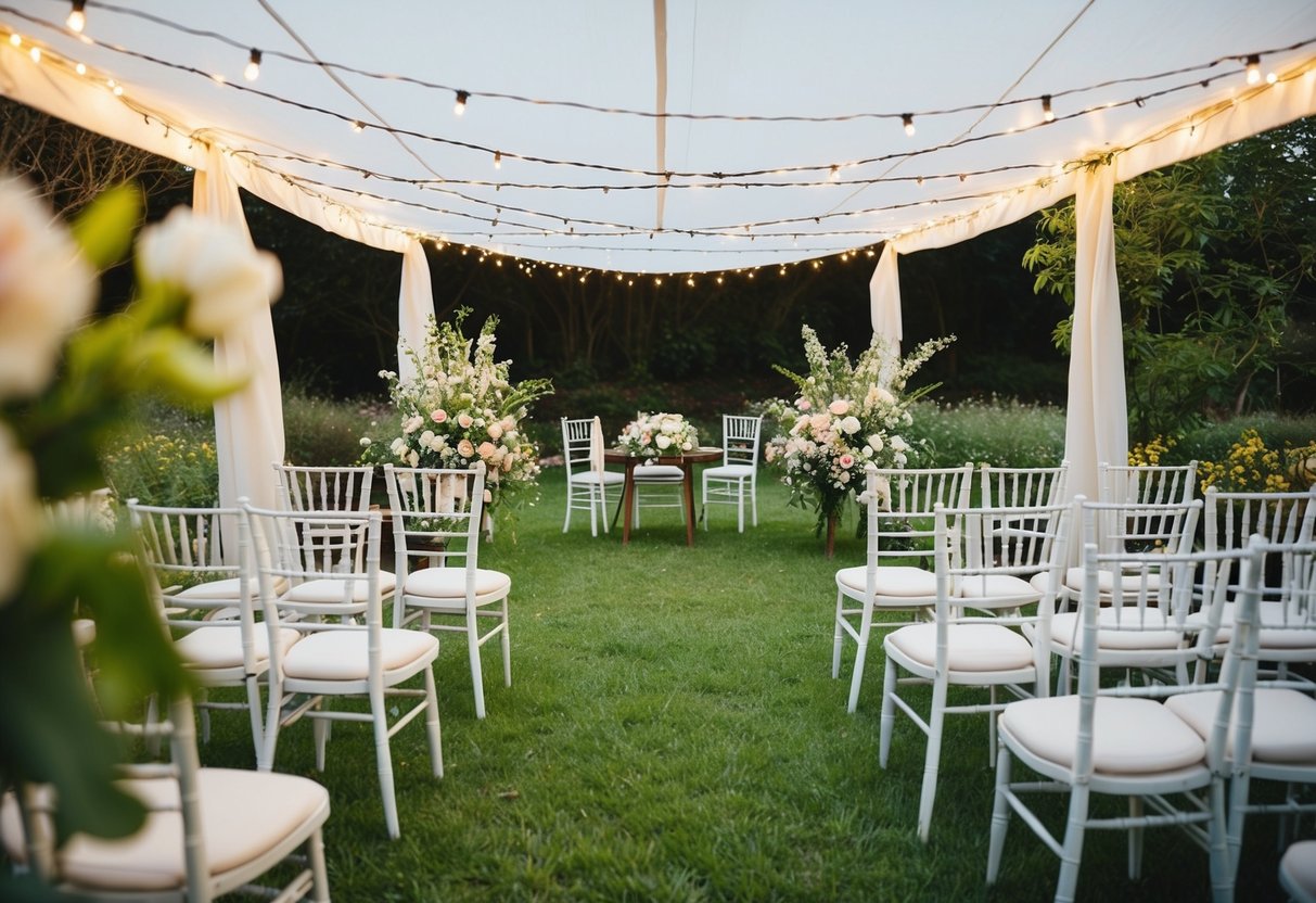 A small, intimate wedding with a few chairs arranged in a circle under a canopy of fairy lights, surrounded by blooming flowers and greenery