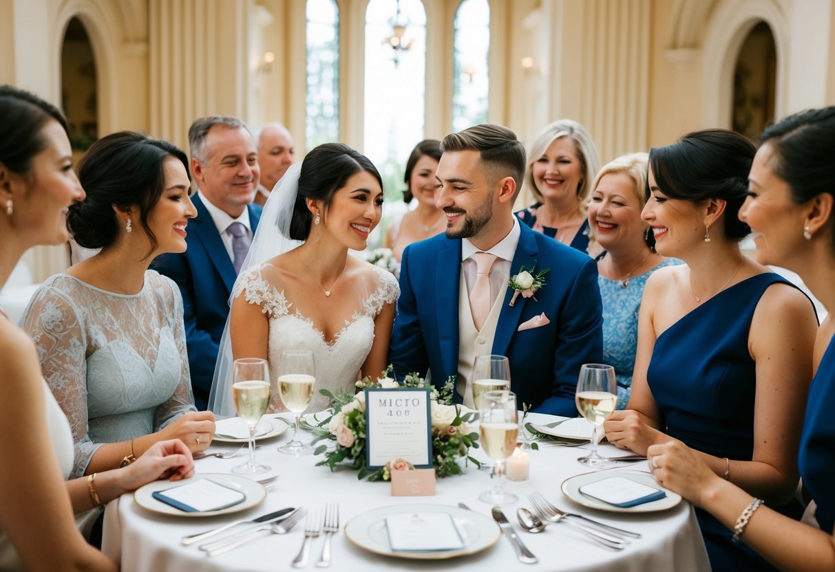 A couple sits at a small table, surrounded by close friends. The table is adorned with elegant place settings and a beautifully designed micro wedding invitation