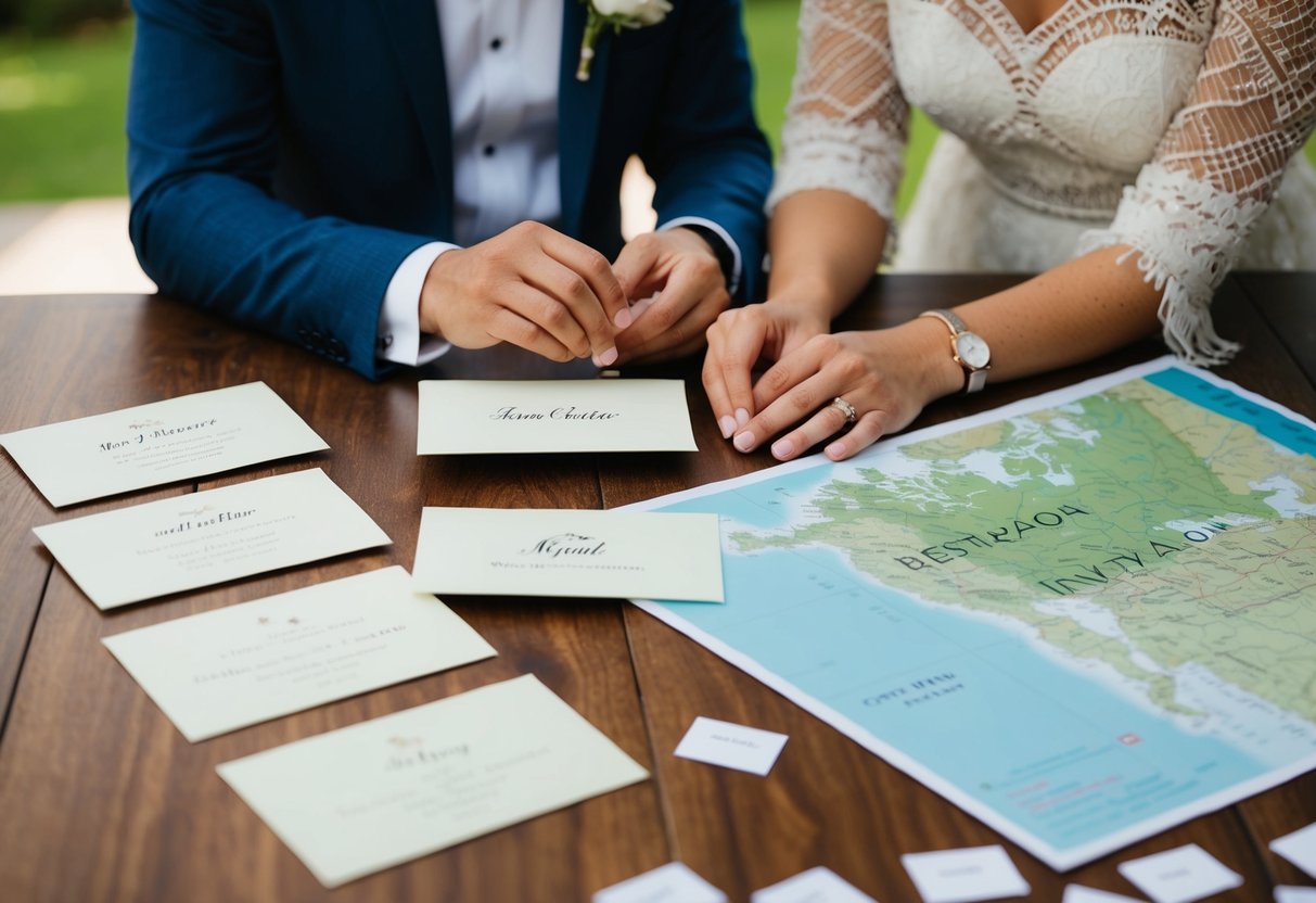 A couple choosing names for invitation envelopes, with a map and destination wedding details spread out on the table