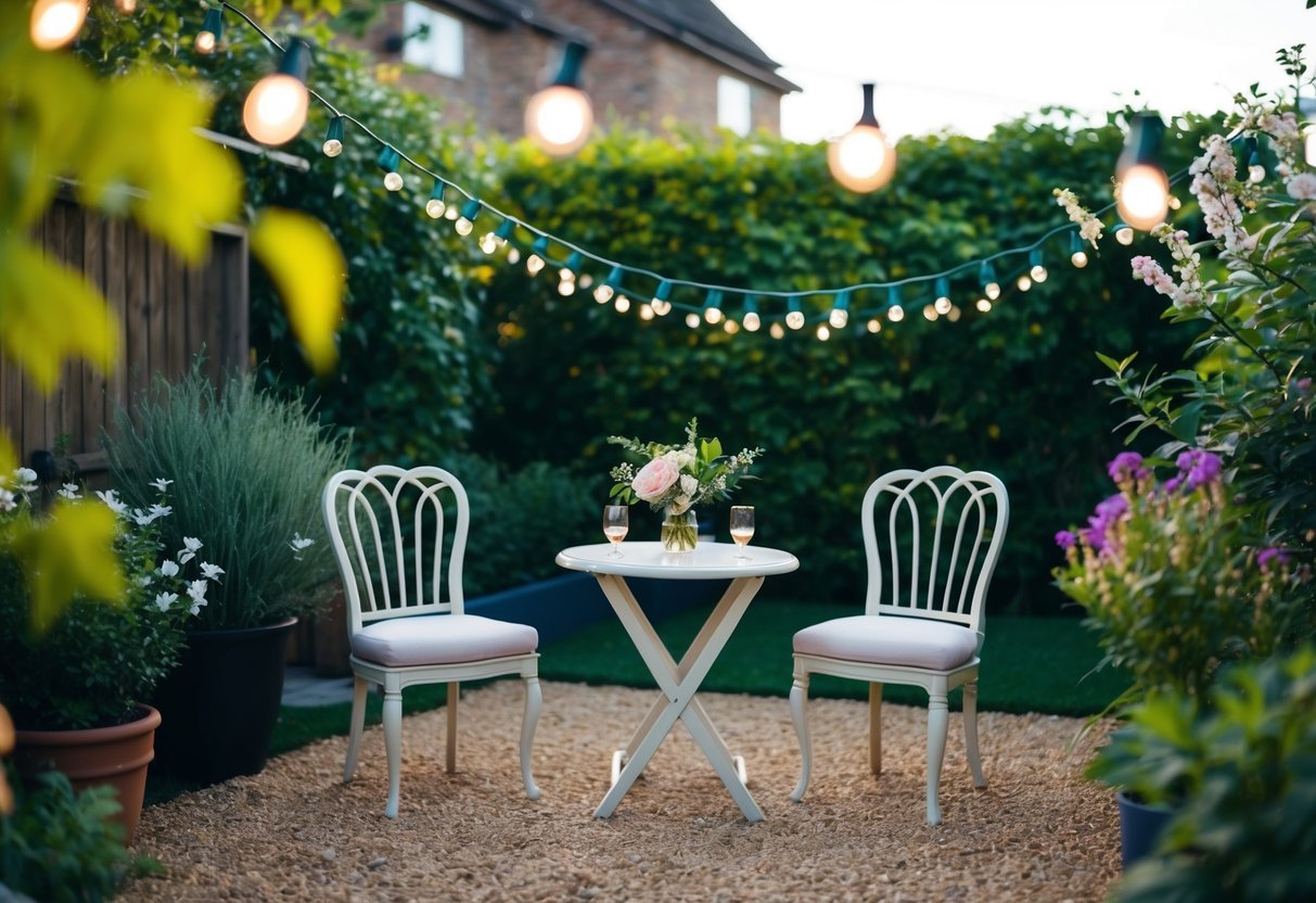 A cozy backyard set with a small table, elegant chairs, and twinkling lights, surrounded by lush greenery and blooming flowers