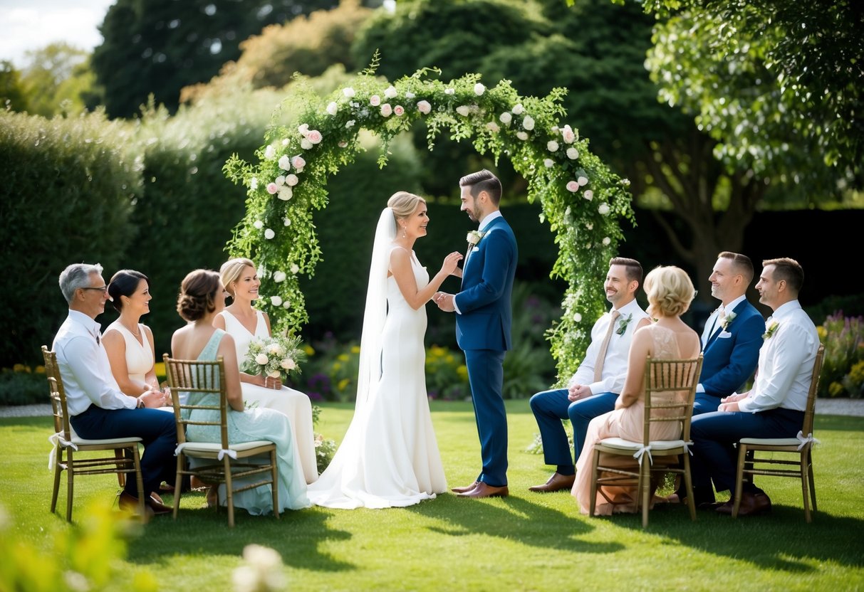 A couple exchanging vows in an intimate garden setting with close family and friends seated in a circle around them