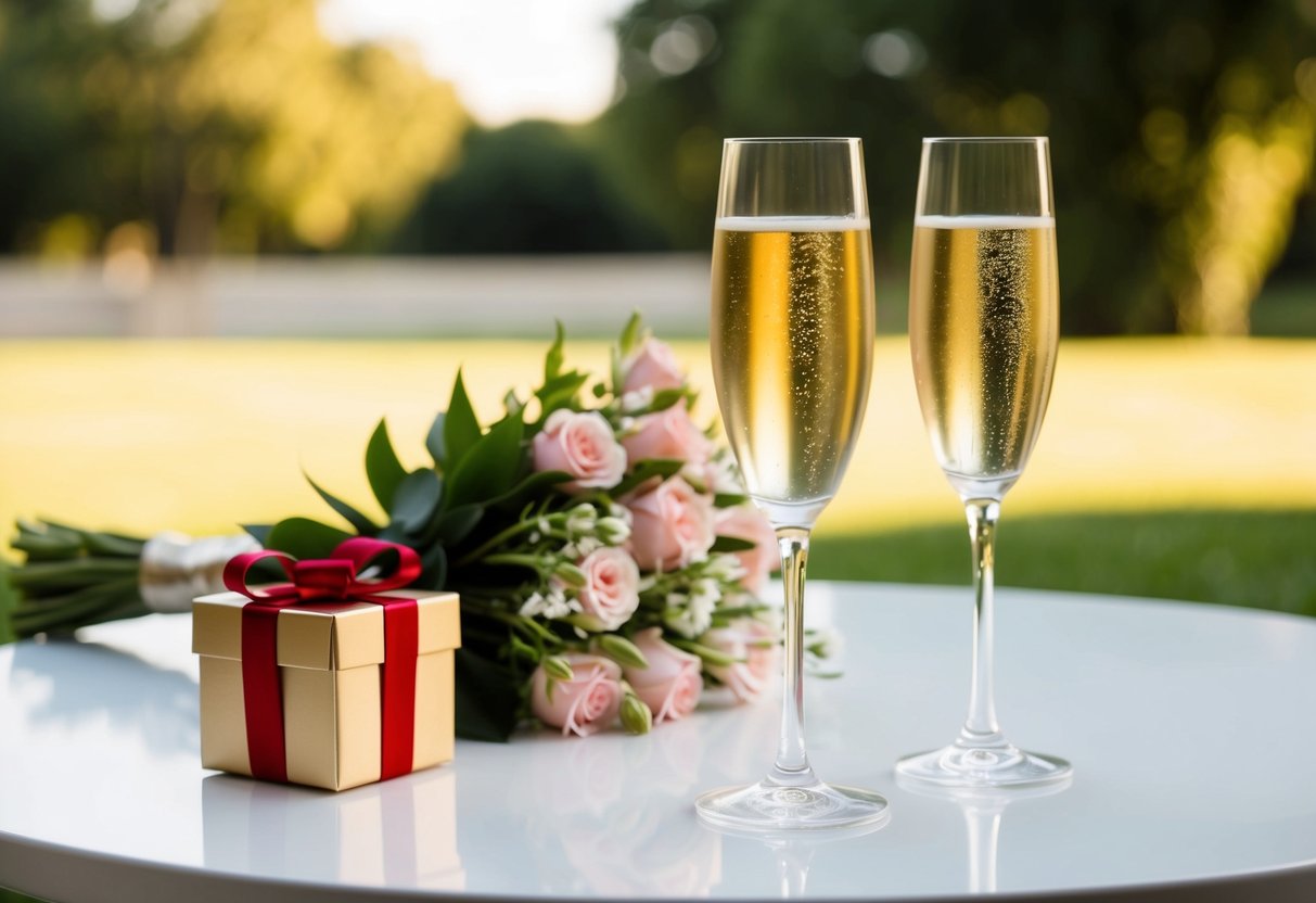 A table with two champagne glasses, a bouquet of flowers, and a small gift box