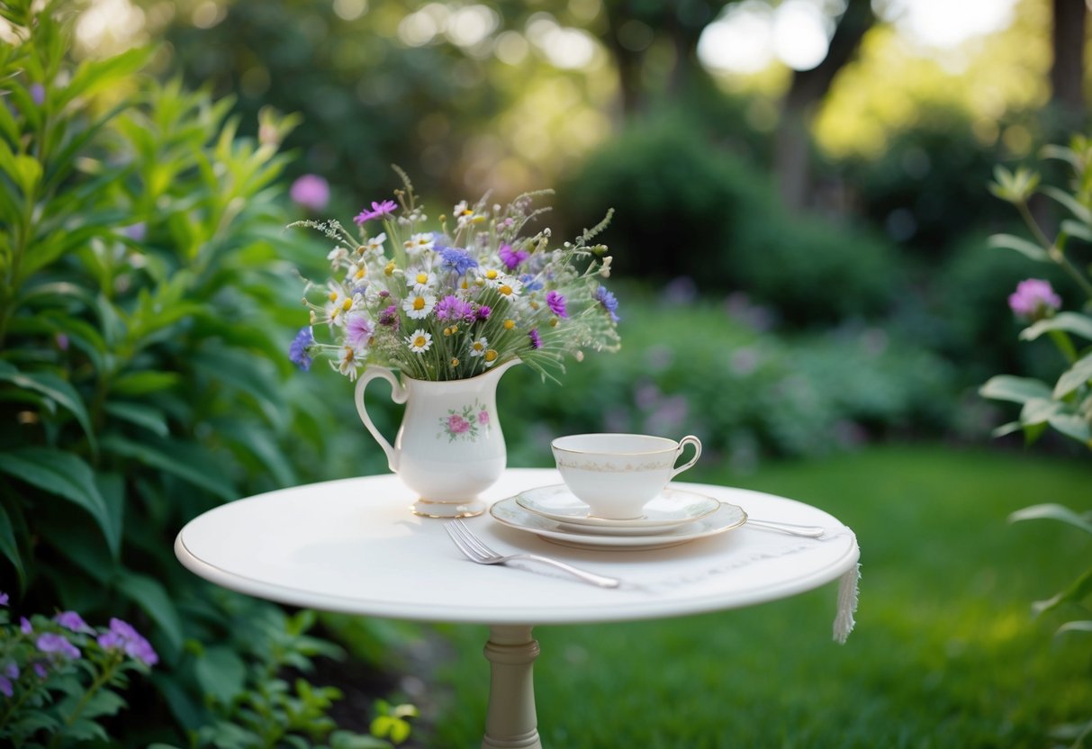 A small, elegant table set with delicate china and a vase of wildflowers, surrounded by a lush, secluded garden