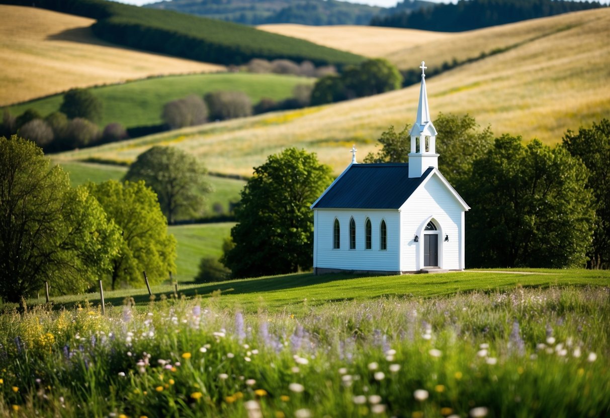 A scenic countryside with a small chapel and rolling hills in the background, surrounded by trees and wildflowers