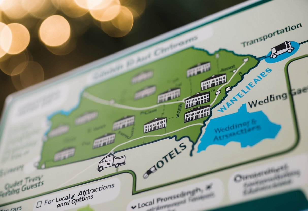 A map with labeled hotels, transportation options, and local attractions for out-of-town wedding guests
