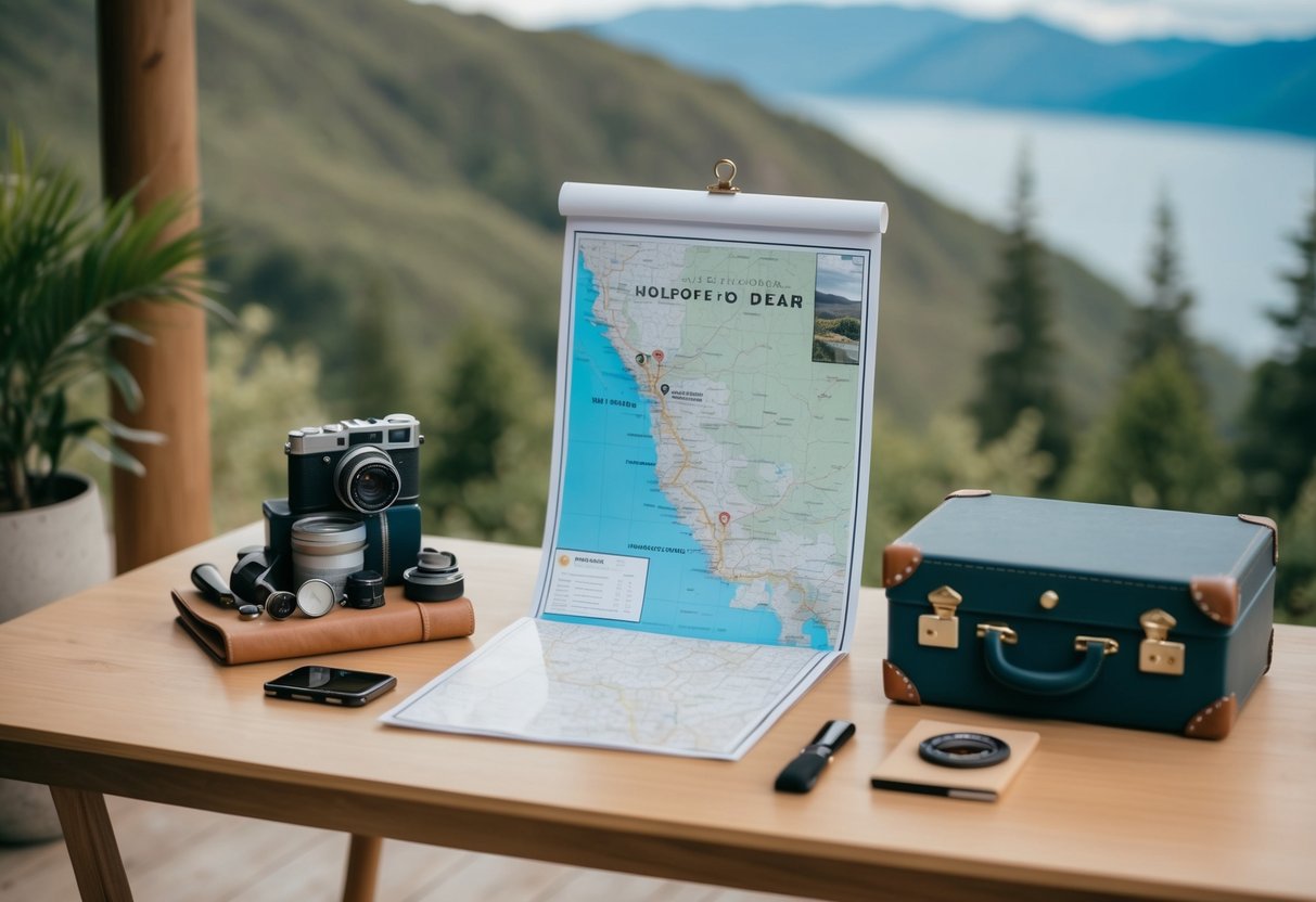A simple table with a few well-chosen items, a map of a scenic location, and a small suitcase packed with essentials