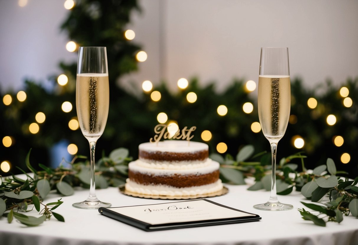A table adorned with champagne glasses, a small cake, and a guest book, surrounded by twinkling lights and greenery