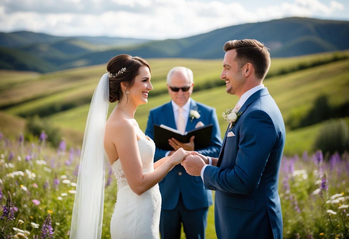 A bride and groom exchanging vows in a rustic outdoor setting, surrounded by rolling hills and blooming wildflowers