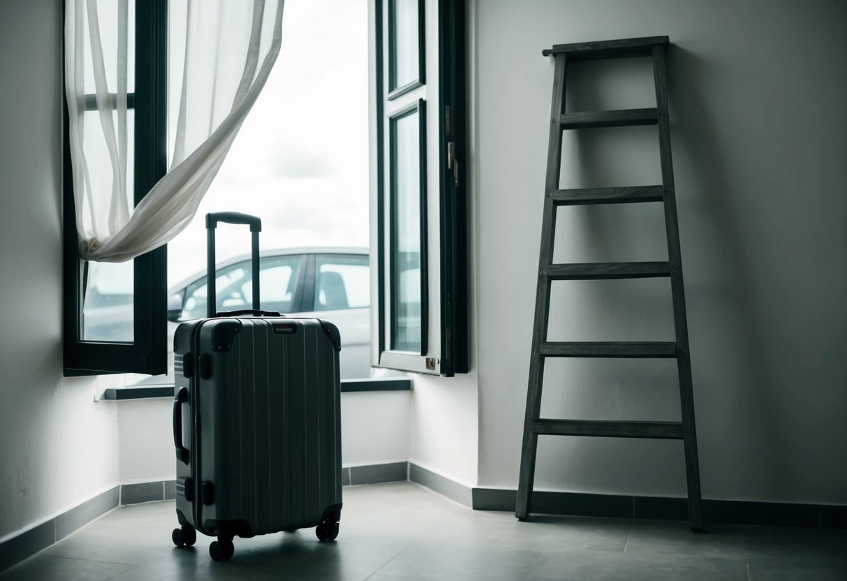 A lone suitcase sits by an open window, curtains billowing in the wind. A ladder leans against the wall, leading down to a waiting car