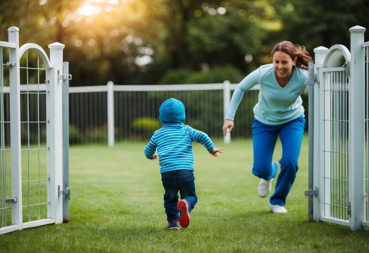 A child running towards an open gate in a fenced yard, while a caregiver frantically tries to catch up