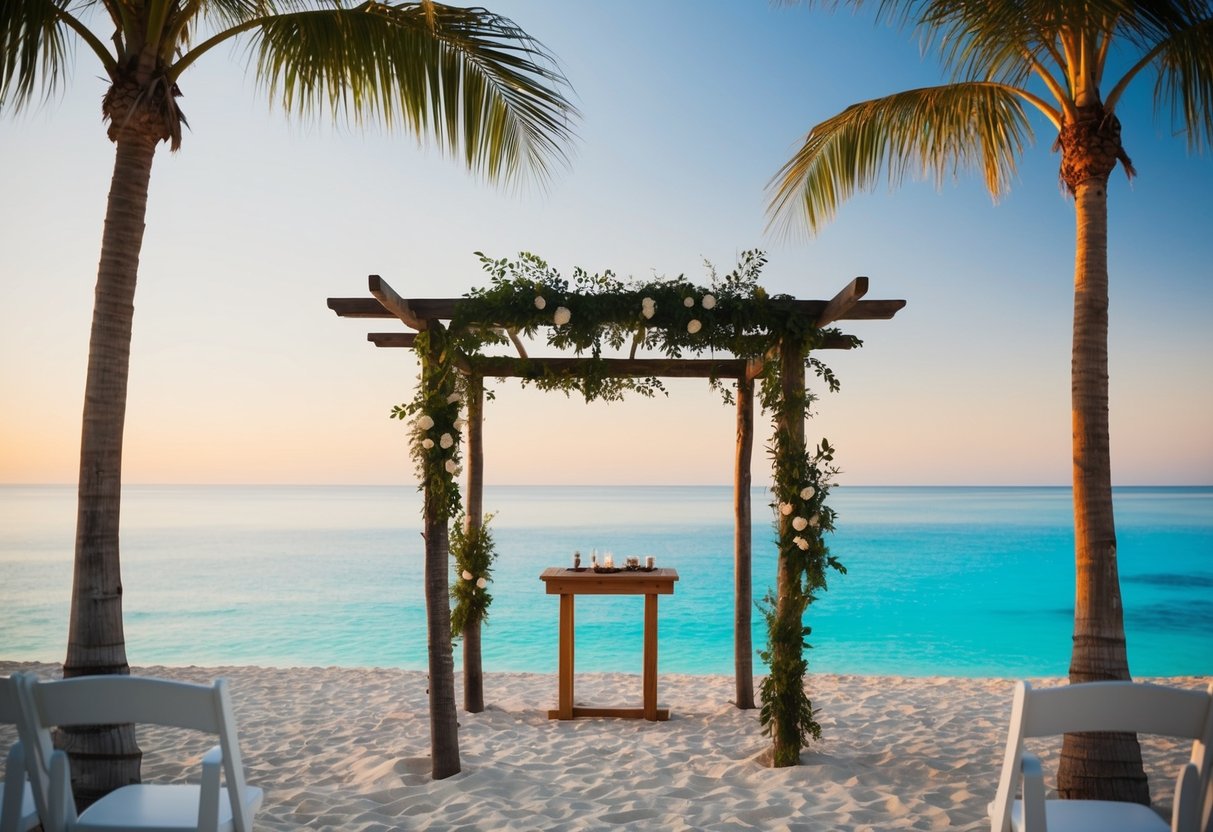 A serene beach with a simple wooden altar, surrounded by palm trees and overlooking a crystal-clear ocean
