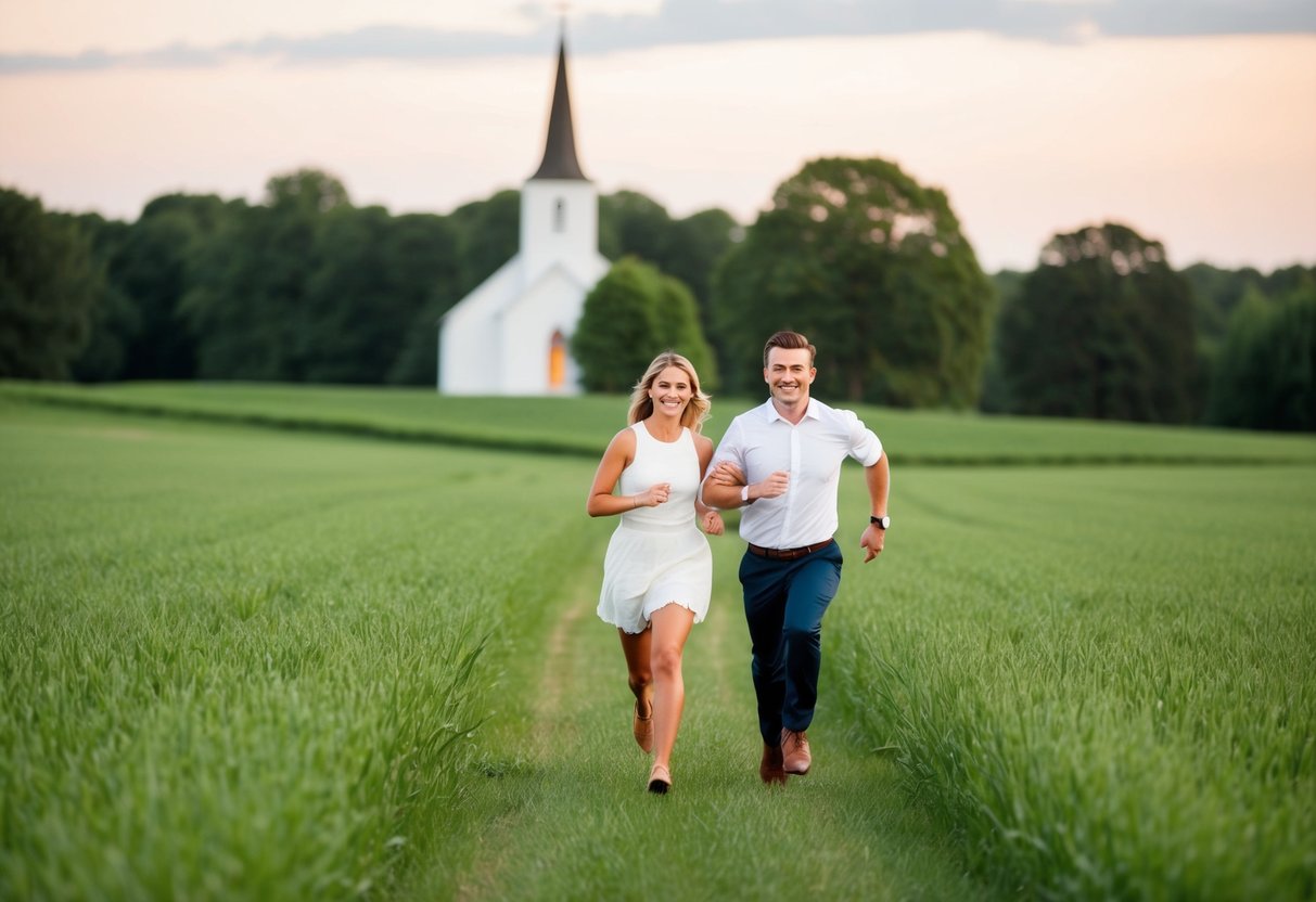 A couple running through a lush green field with a small church in the background