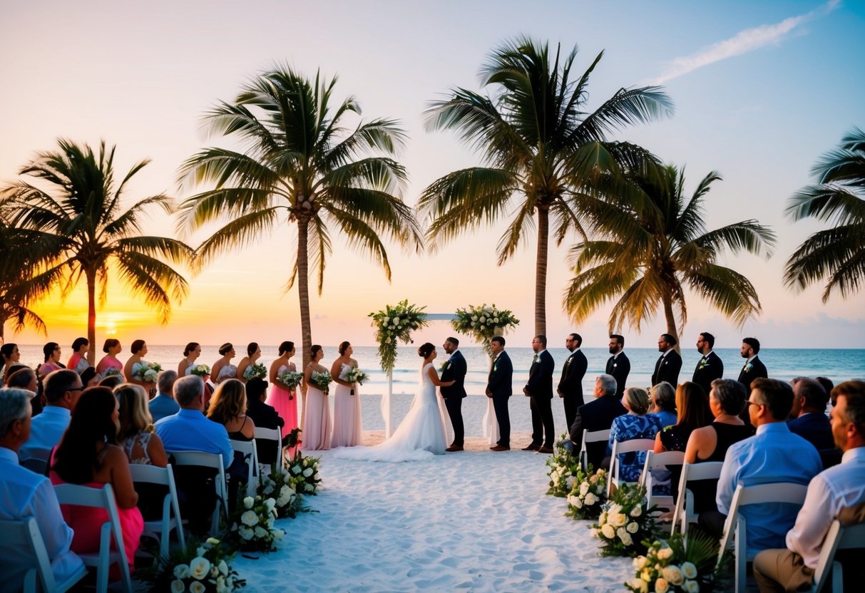A beachfront wedding ceremony with palm trees, white sand, and a picturesque sunset in the background