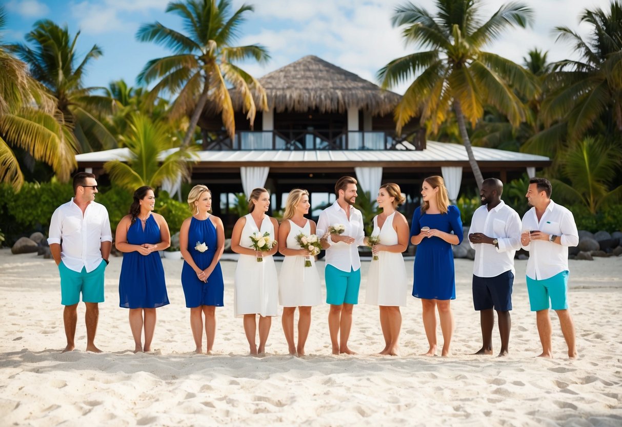 A group of people standing in front of a tropical beach wedding venue, some looking hesitant, others engaged in conversation