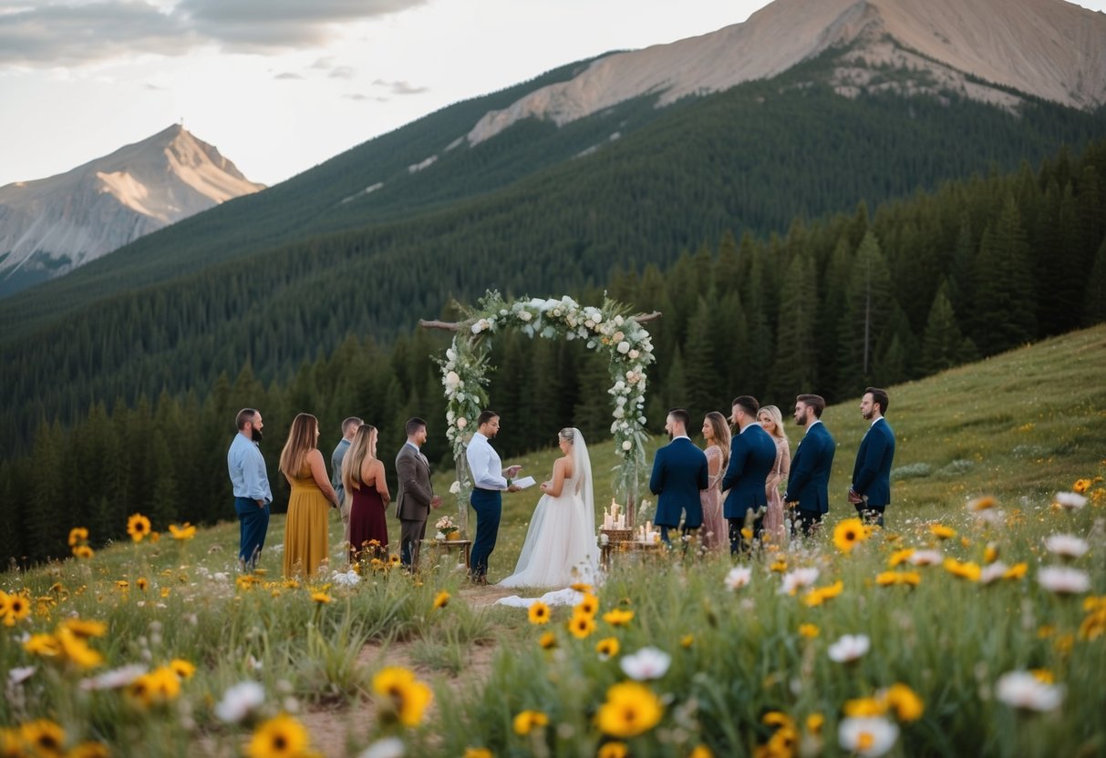 A serene mountainside with a simple altar, surrounded by wildflowers and a small gathering of close friends and family
