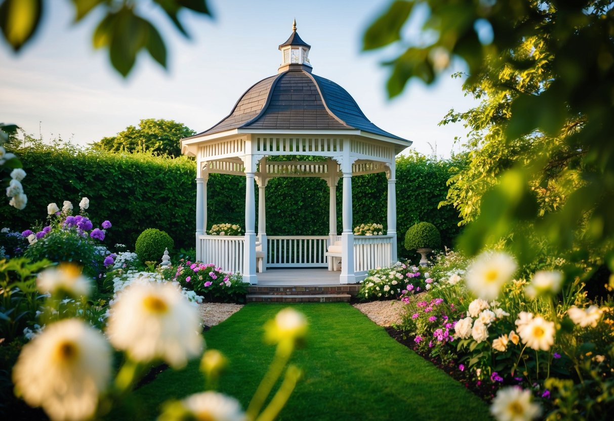 A beautiful outdoor garden with an elegant gazebo, surrounded by blooming flowers and lush greenery, is the perfect setting for most weddings