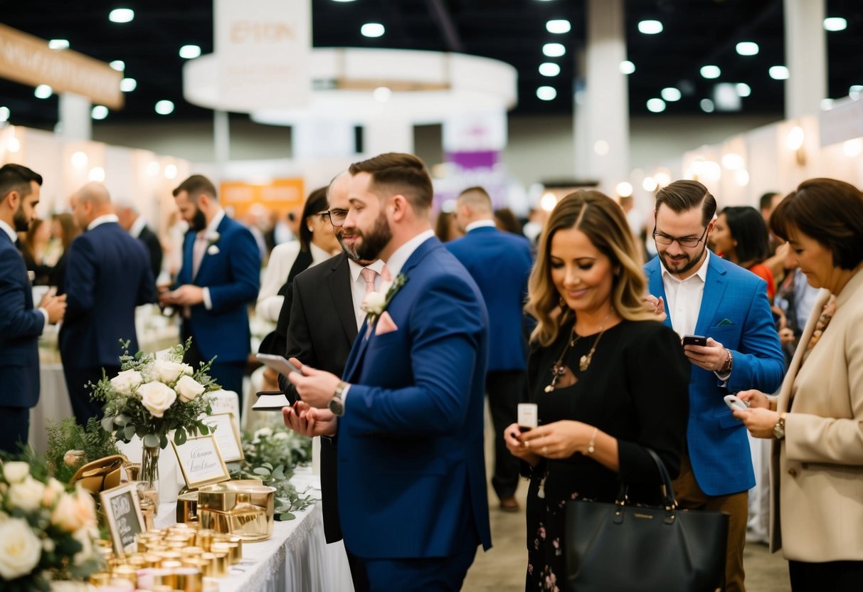 A bustling wedding expo with vendors and couples browsing