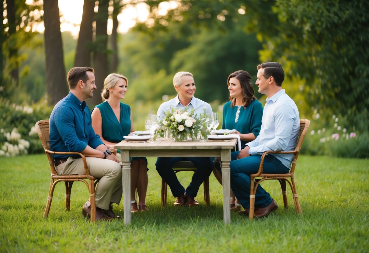 A serene outdoor setting with a small, intimate gathering of a few close family and friends, surrounded by nature and a peaceful atmosphere