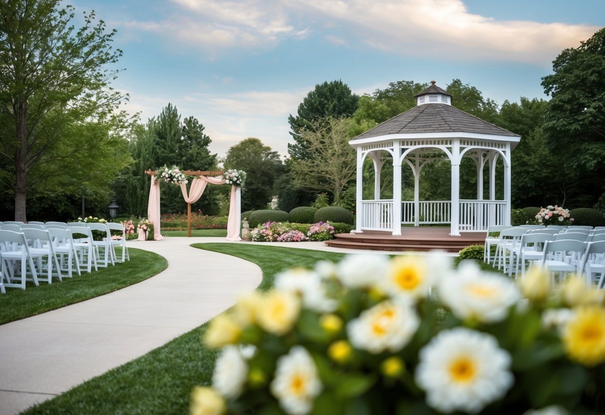 A picturesque outdoor venue with a gazebo, blooming flowers, and a winding path leading to a serene ceremony space