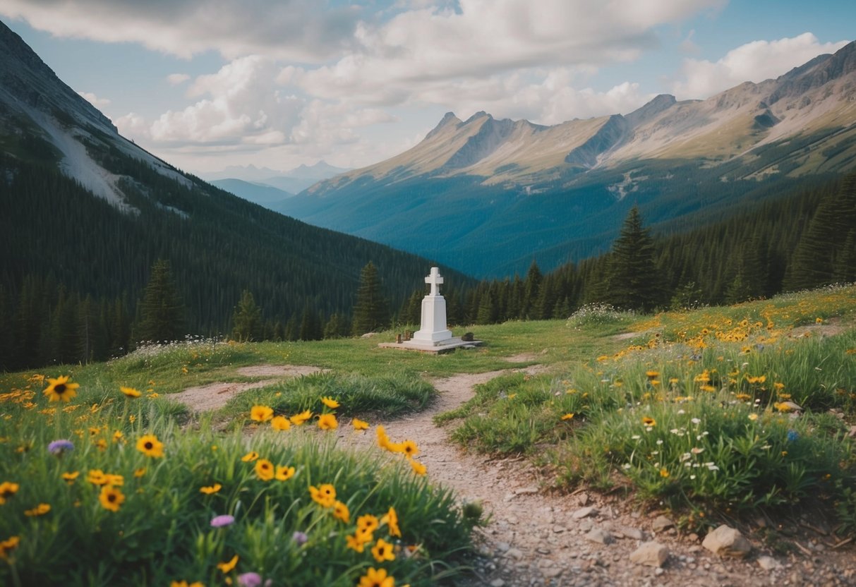 A serene mountain vista with a secluded clearing, a small altar, and scattered wildflowers