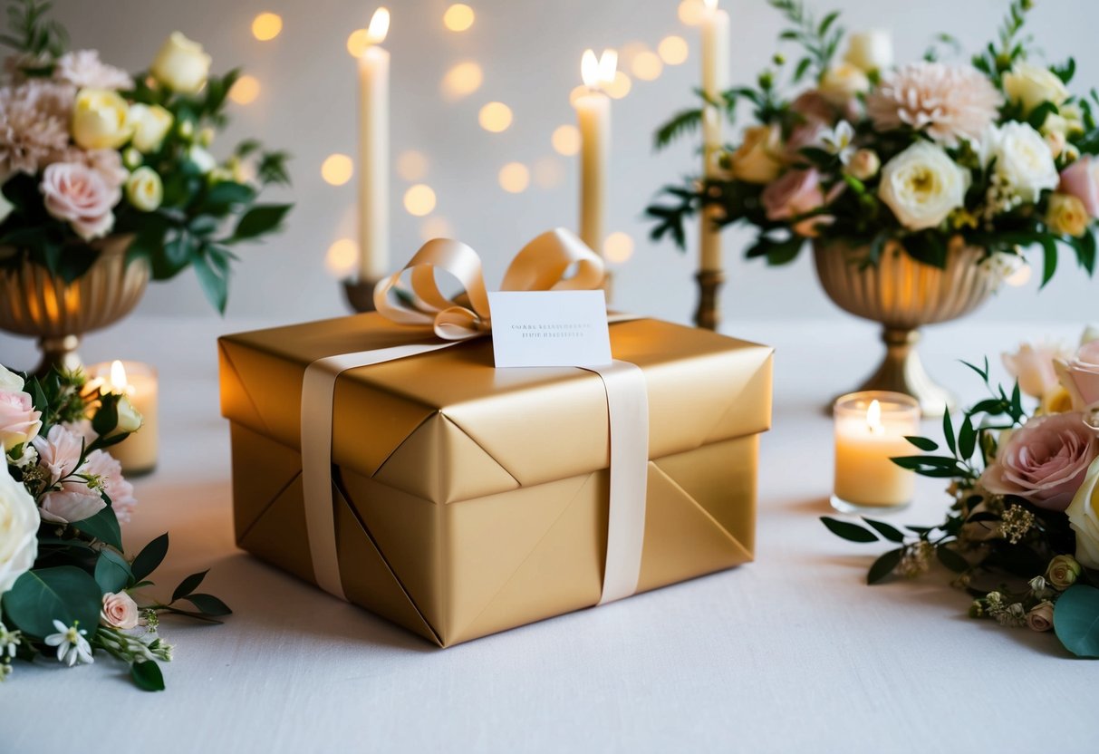 A beautifully wrapped gift box sits on a table, surrounded by elegant floral arrangements and candles. A small card peeks out from beneath the ribbon