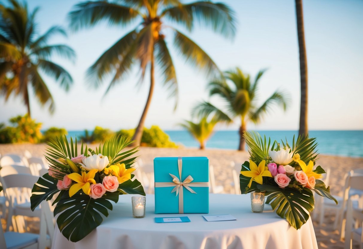 A beachfront wedding with a table holding a gift and card, surrounded by tropical flowers and palm trees