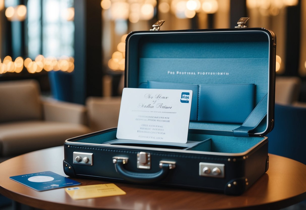 A suitcase with a wedding invitation and a credit card on a table