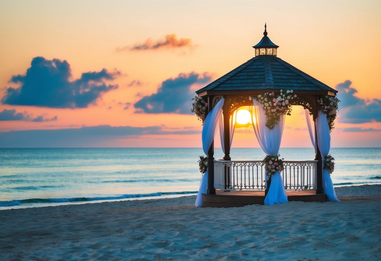 A serene beach at sunset, with an elegant gazebo adorned with flowers and billowing white curtains, overlooking the ocean