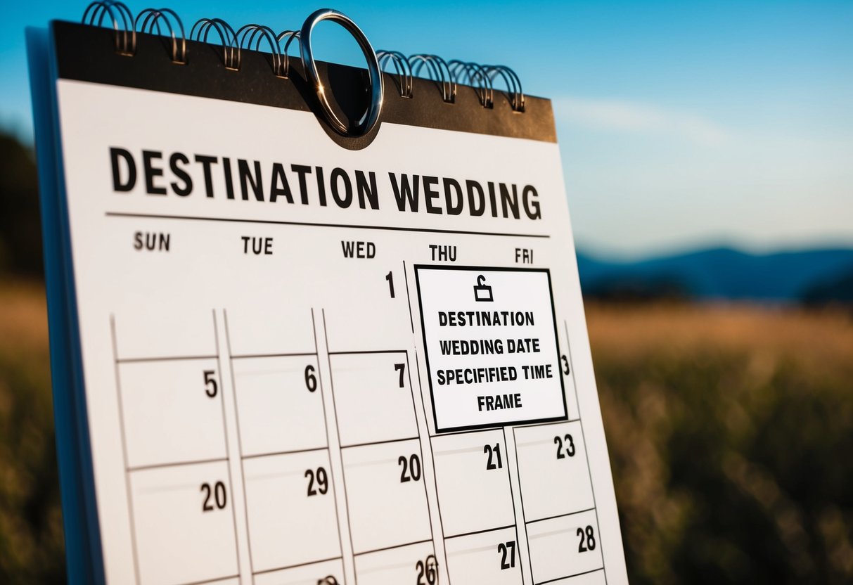 A calendar with a destination wedding date circled and a notice with a specified time frame displayed prominently