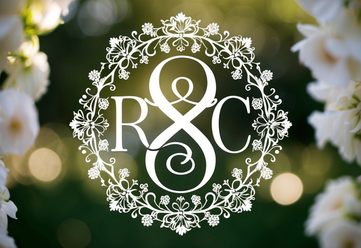 A bride and groom's initials entwined in a decorative monogram, surrounded by delicate floral designs and elegant filigree