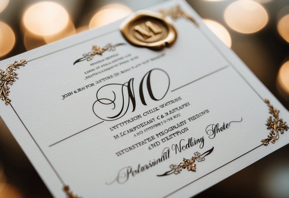 A wedding invitation with an ornate 'M' seal and elegant calligraphy