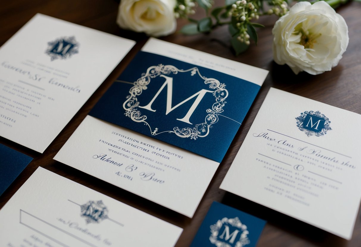 A wedding invitation suite laid out with elegant, formal design elements and an ornate "M" monogram featured prominently on the main invitation card