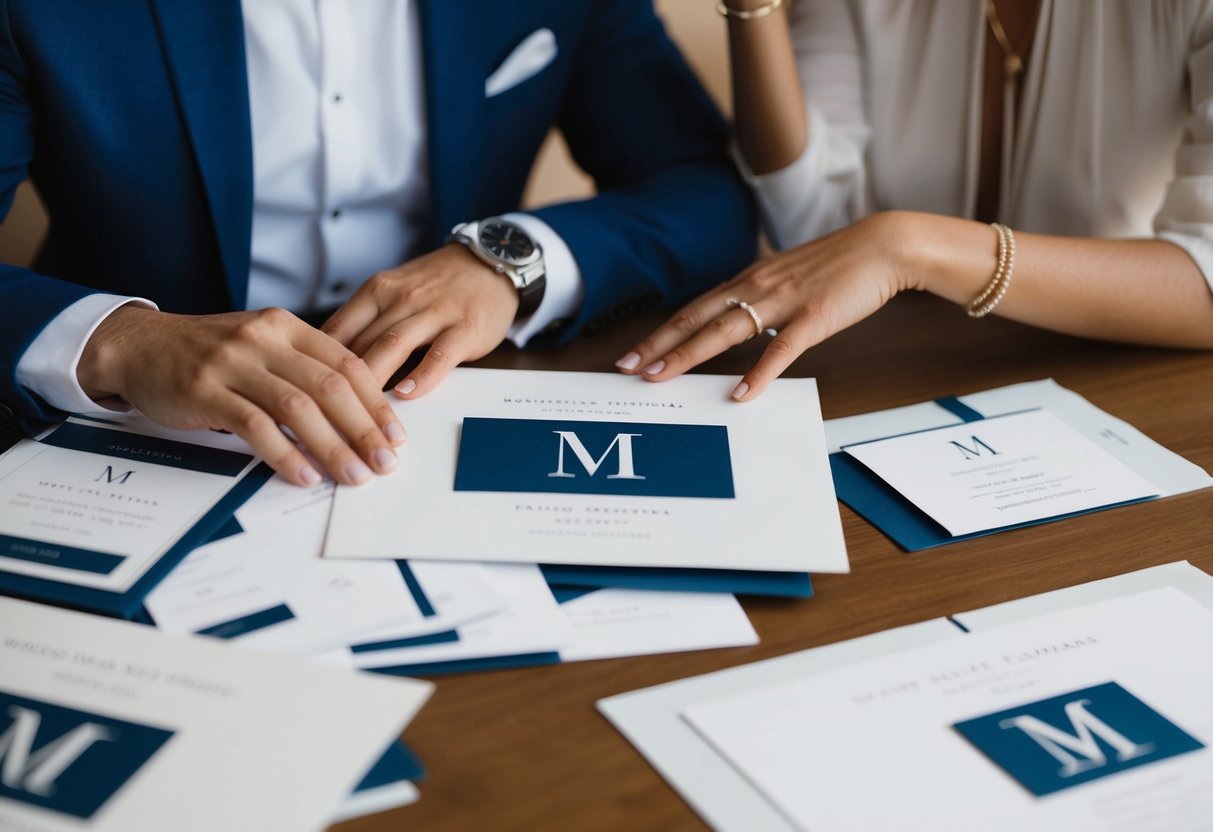 A modern couple sits at a table, surrounded by wedding invitation samples. They discuss the design, focusing on an elegant "M" emblem