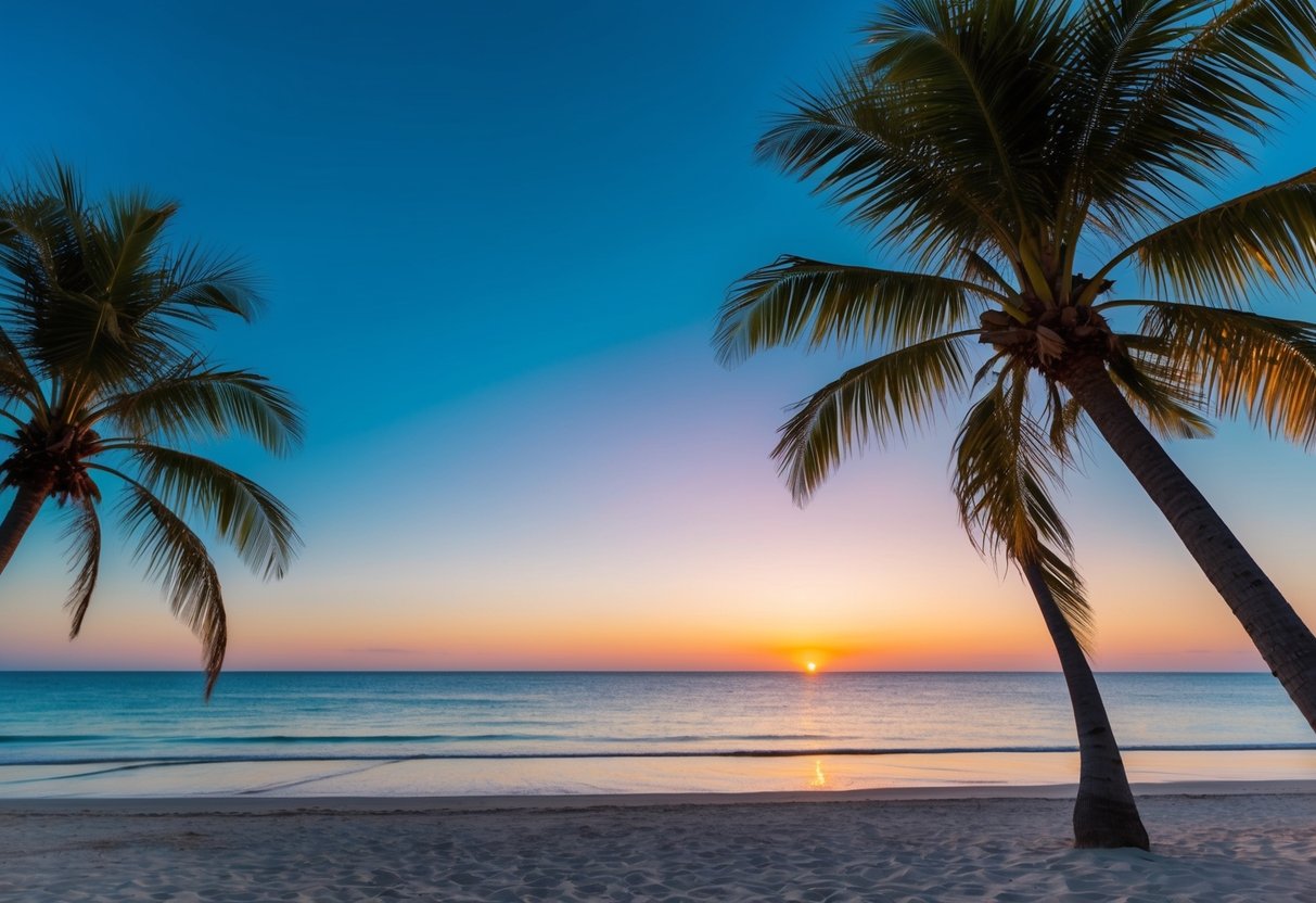 A beach with palm trees, a clear blue sky, and a beautiful sunset in the background