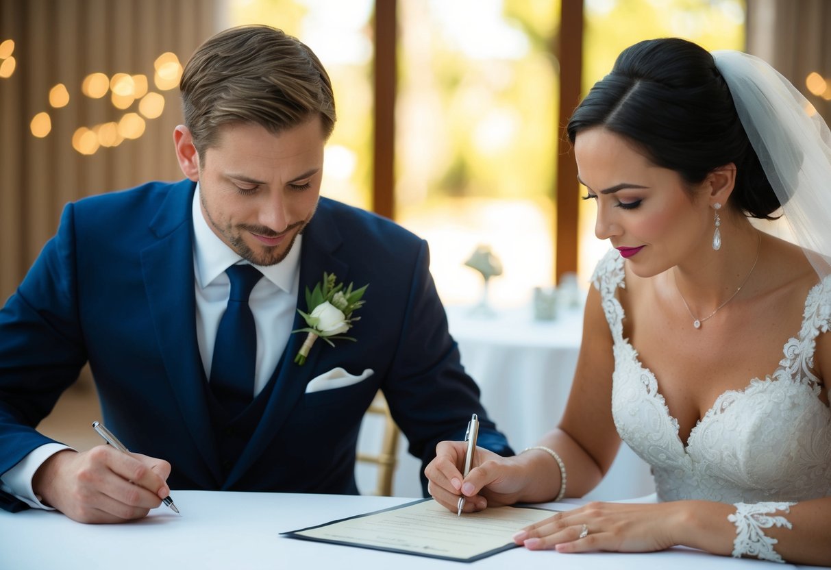 A man and a woman signing a marriage certificate with hesitant expressions