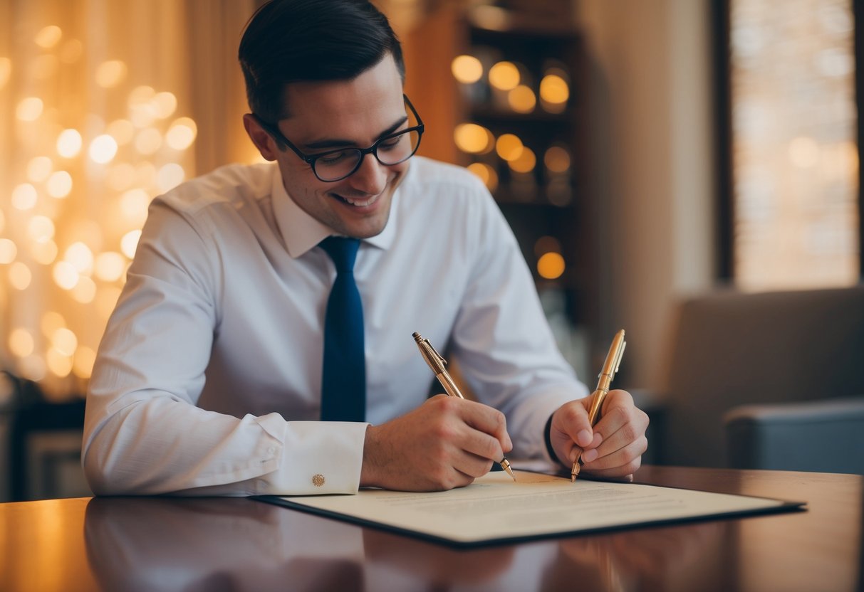 A person signing a marriage certificate with a sly grin