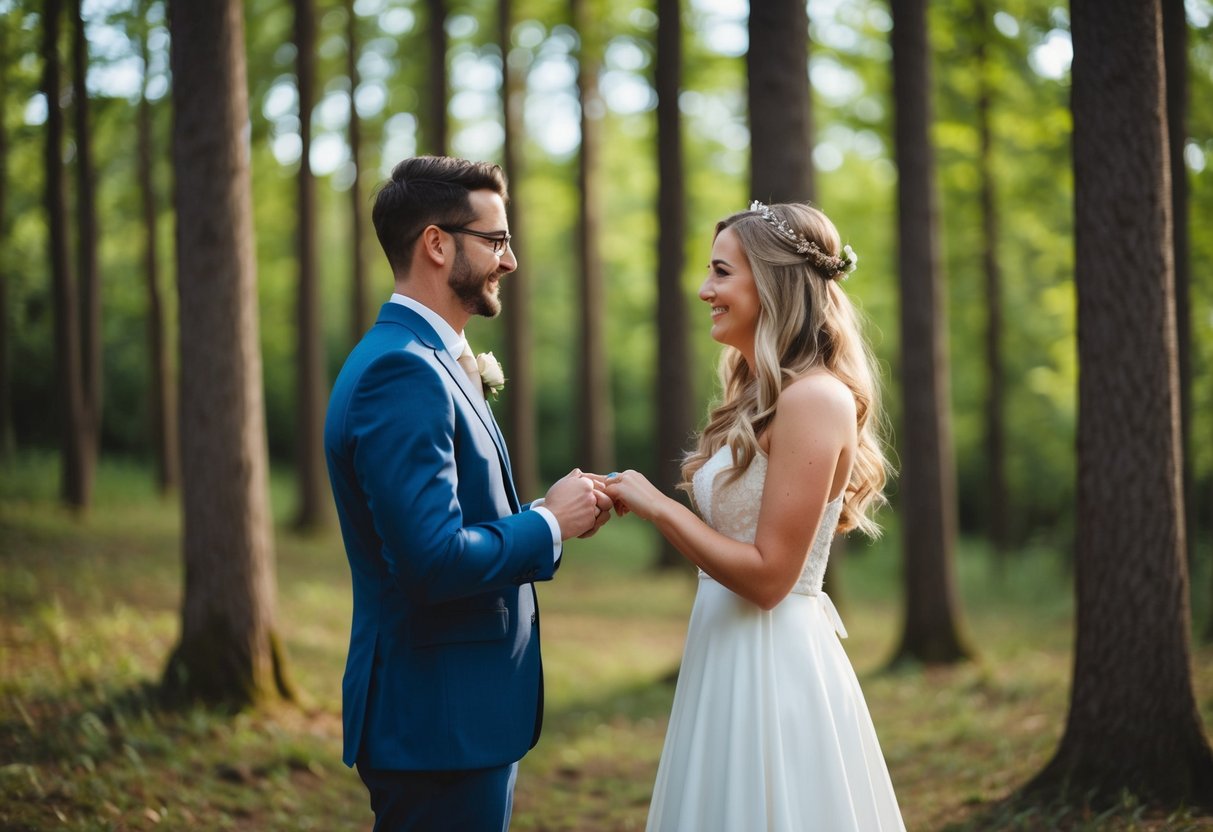 A couple exchanging vows in a secluded forest clearing