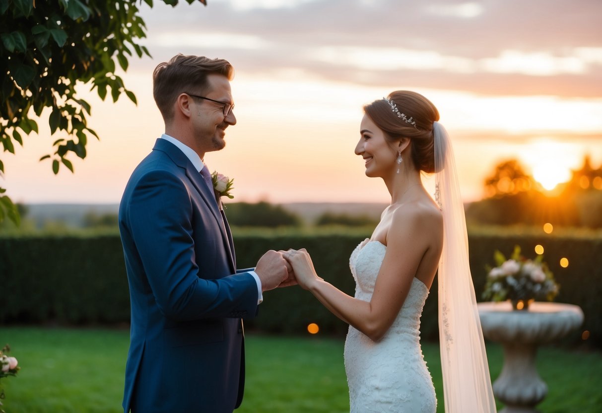 A couple exchanging vows in a secluded garden at sunset
