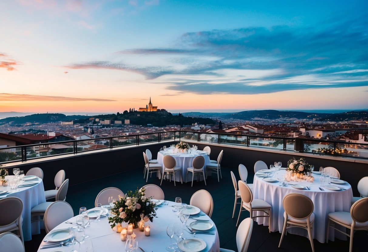 An outdoor wedding venue overlooking a picturesque European city, with elegant tables set up for a reception and a stunning sunset in the background
